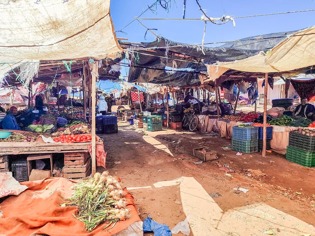 Étals de légumes sous des bâches dans un marché de Salé au Maroc, en avril 2024.